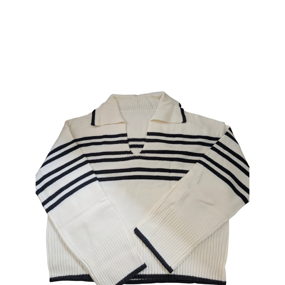 Women XL Classic Stripe Collar Sweater Pullover Cream Black Long Sleeve Knit Top - Picture 2 of 7